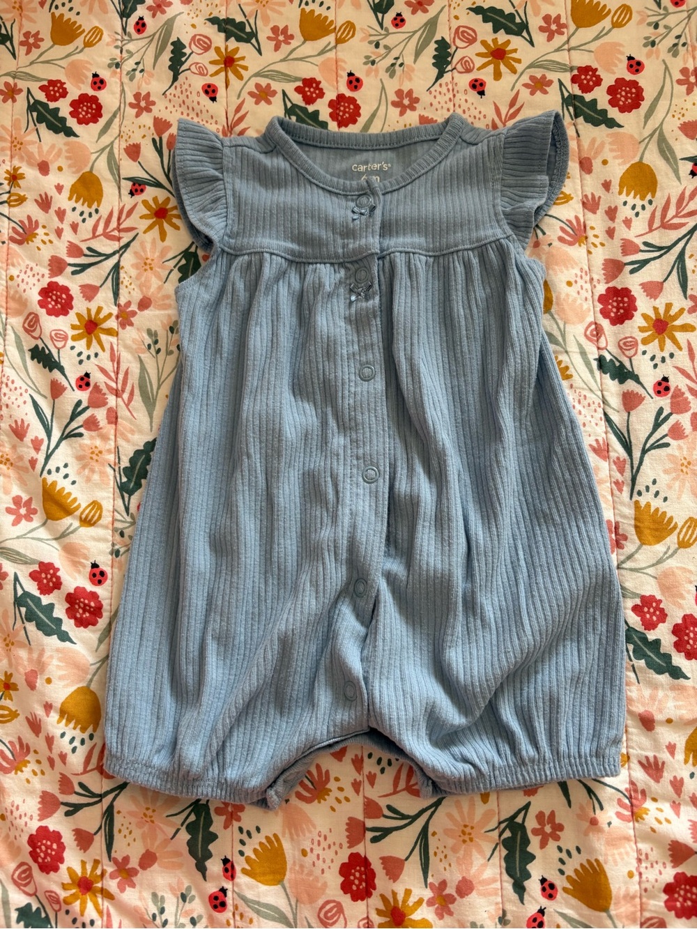 Carter's Dusty Blue Ribbed Flutter-Sleeve Baby Romper